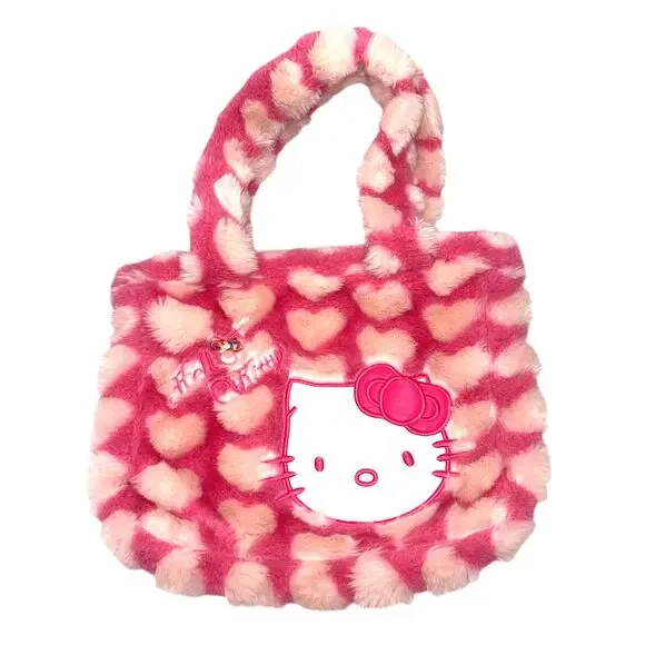 Hello Kitty Pink Faux-Fur Hearts Tote Bag, Large, Soft Plush Shoulder Purse - Picture 1 of 6